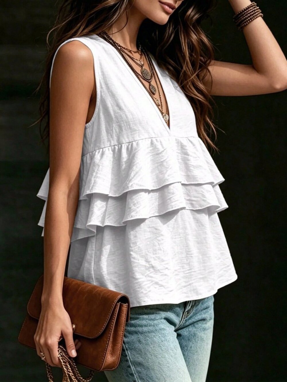 White Casual Women's Tank Elegant ruffled Tank Top - Picture 4 of 6